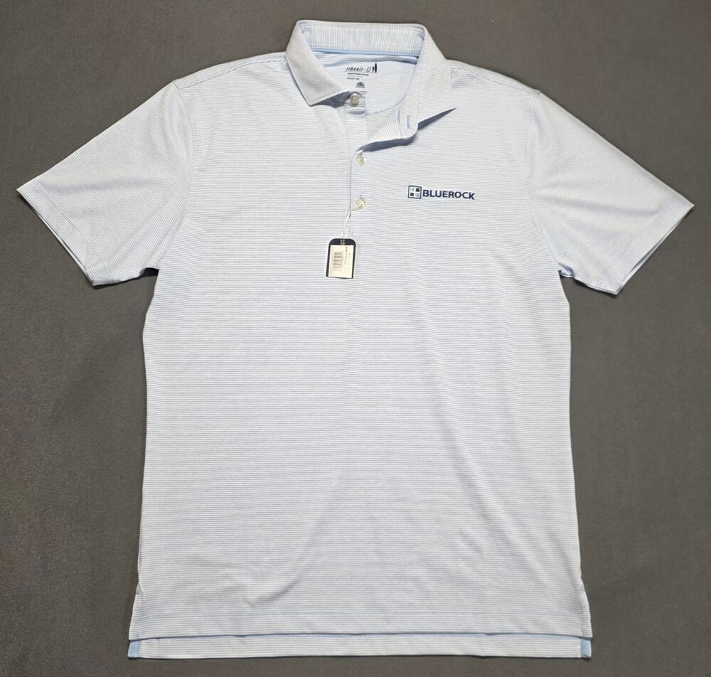 Johnnie-O Medium Polo Shirt Short Sleeve Blue Pinstripe BLUEROCK Logo